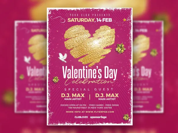 Pink and Gold Valentines Day Celebration Party Flyer Template 1