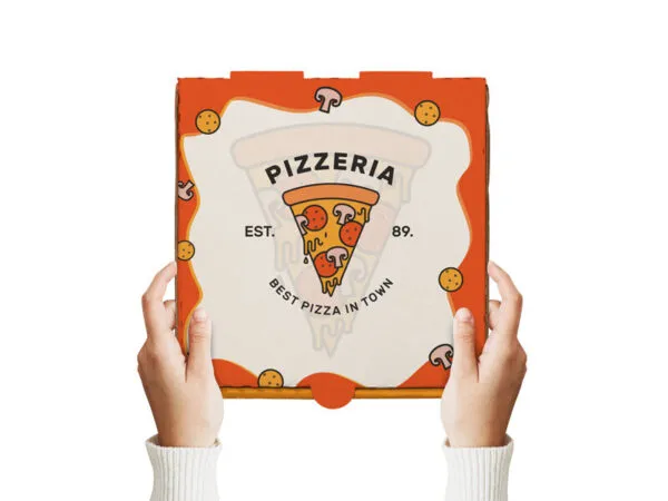 Pizza Box Mockup Holding by Hands in the Front View 1