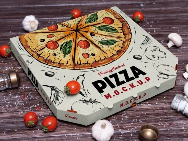 Pizza Box Mockup in Perspective Sight 1