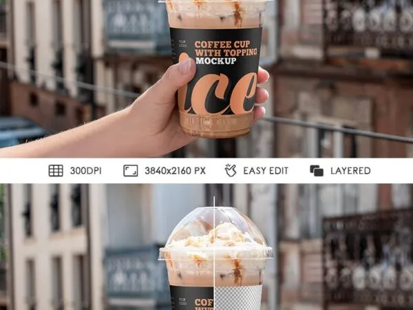 Plastic Cup of Cream Topped Iced Coffee with Lid Holding by Hand Mockup 1