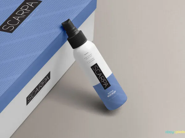 Plastic Dispensing Spray Bottle Mockup Along with a Cardboard Box 1