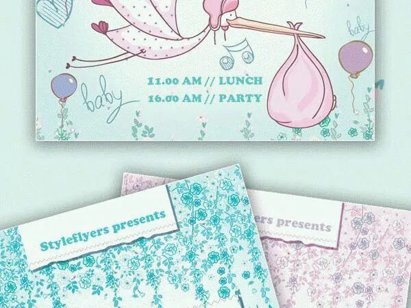 Playful Illustrated Hearts and Stork Baby Shower Flyer Template 1