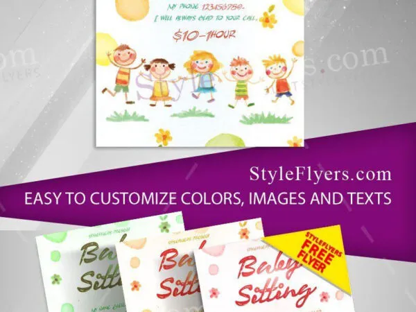 Playful Watercolor Drawing Babysitting Flyer Template 1