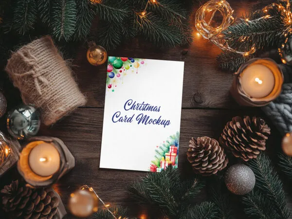 Post Card with Christmas Decorations Mockup 1