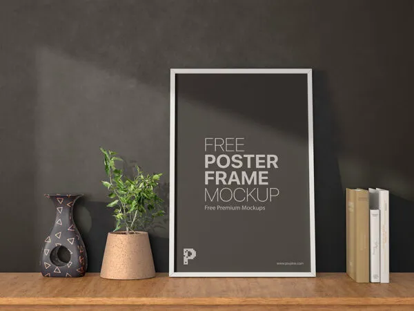 Poster Frame Standing on a Shelf Mockup 1