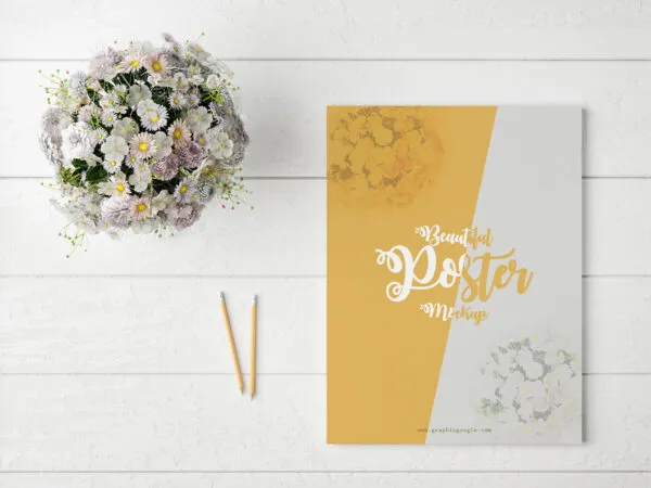 Poster Mockup on Table with Pencils and Flowers 1