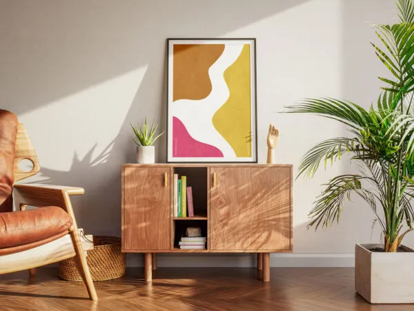 Poster Mockup on Wooden Dresser in 3 Views 1