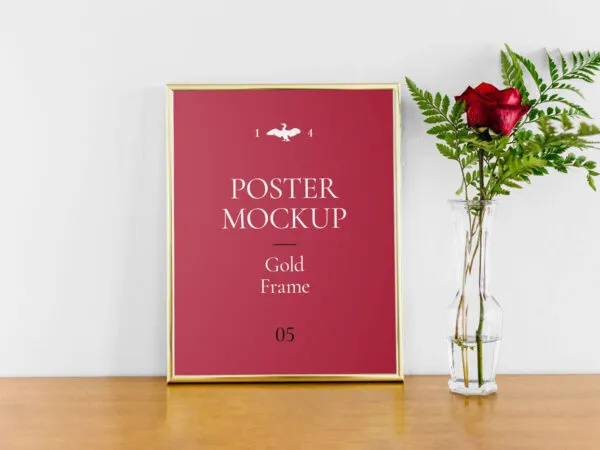 Poster With Gold Frame Mockup on Wooden Floor 1