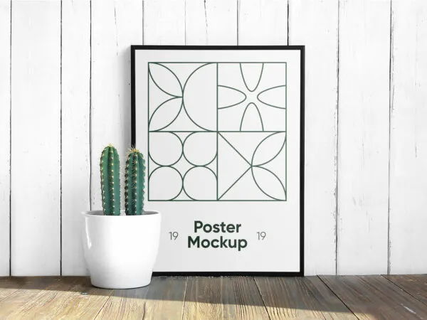 Poster with Cactus Mockup on Wooden Board 1