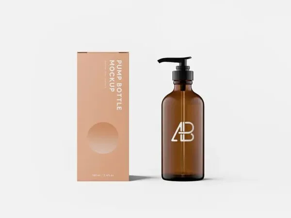 Pump Amber Bottle and Packaging Box Mockup 1