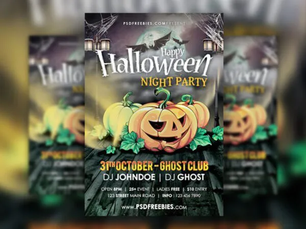 Pumpkins and Bats Halloween Night Party Flyer Template 1