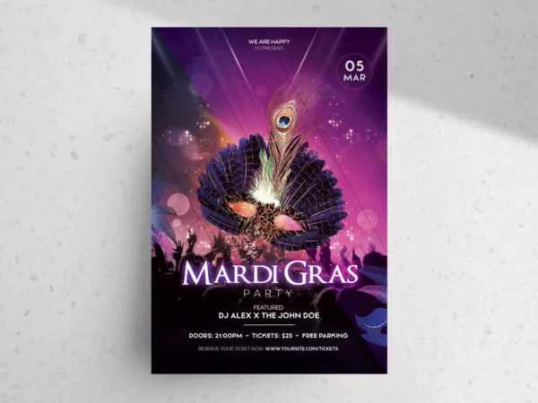 Purple Black Modern Mardi Gras Party Flyer Template 1