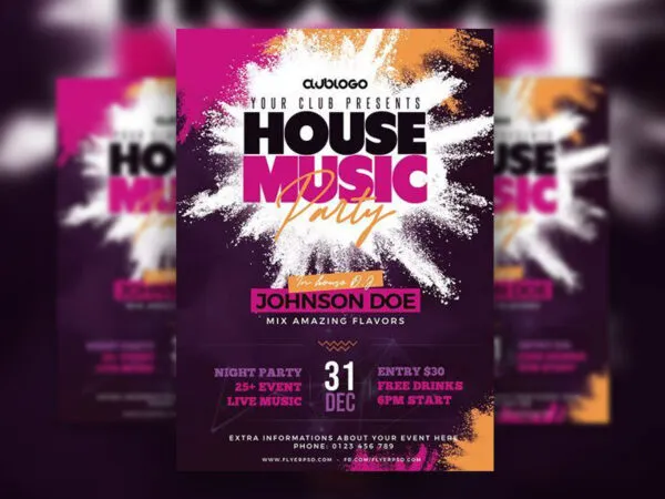 Purple Color Splash Music Party Flyer Template 1