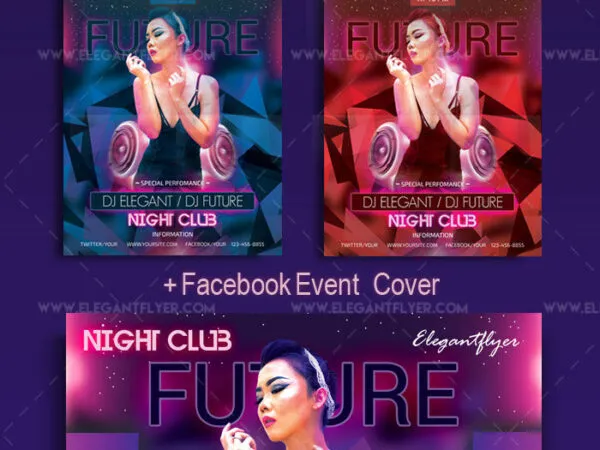 Purple Geometric Futuristic Night Party Flyer and Facebook Cover Templates 1