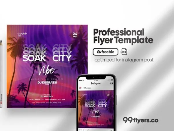Purple Glitch Tropical Summer Party Flyer Instagram Banner Template 1