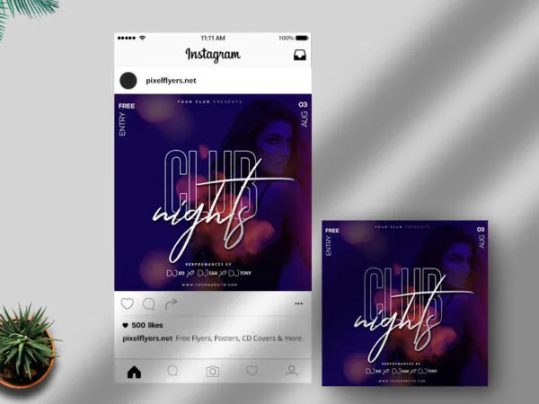 Purple Glitter Club Flyer Instagram Post Template 1
