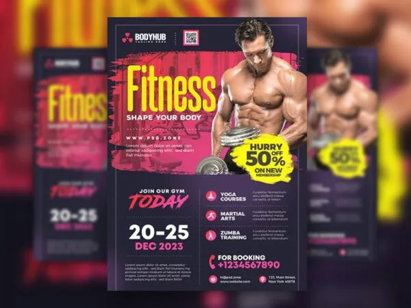 Purple Pink Yellow Modern Gym Center Flyer Template 1