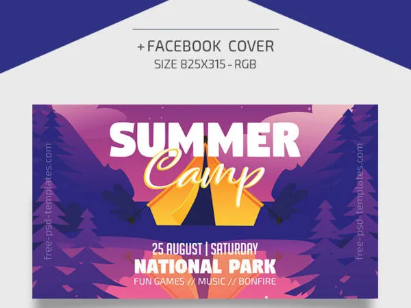Purple Shades Illustrated Summer Camp Flyer Template and Facebook Cover 1
