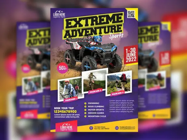 Purple Yellow Modern Adventure Tour Flyer Template 1