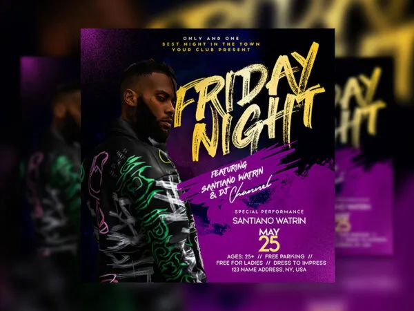 Purple and Gold Friday Night Club Flyer Instagram Banner Template 1