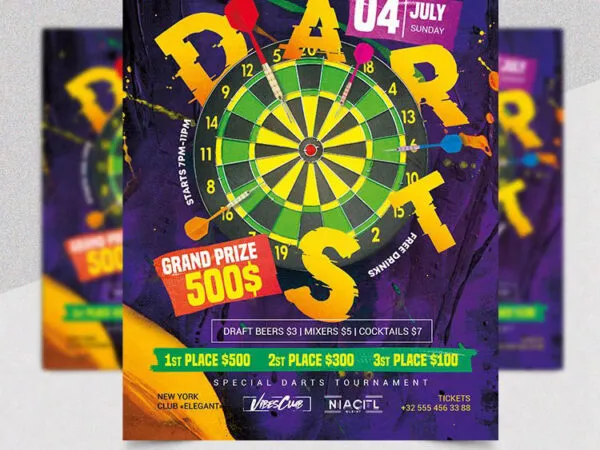 Purple and Yellow Darts Flyer Template 1