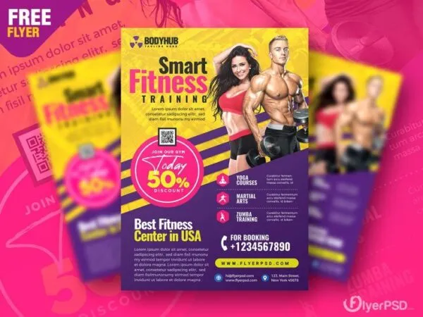 Purple and Yellow Gym and Fitness Promotion Flyer Template 1