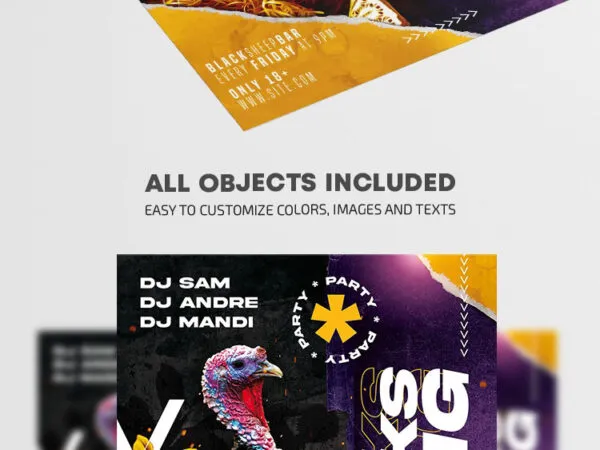 Purple and Yellow Turkey DJ Party Flyer Template 1