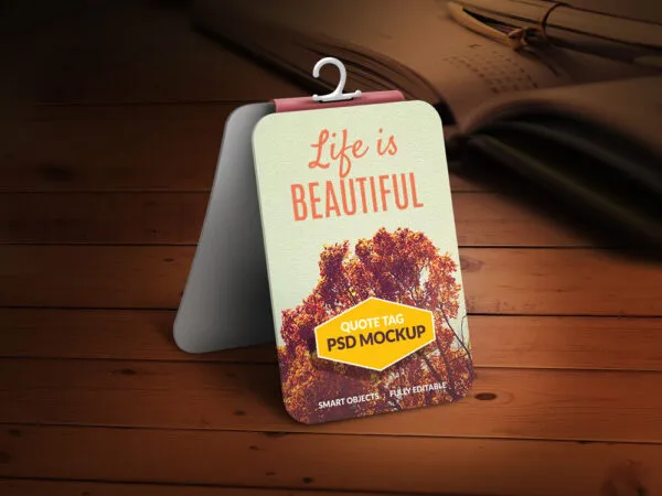 Quote Tag Mockup with Wooden Background and Open Book in the Corner 1
