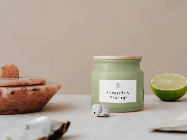 Realistic Jar Mockup with Lime and Marble Container in the Background 1