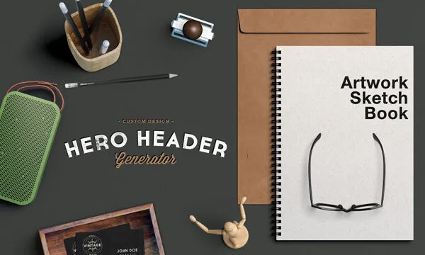 Realistic Looking Hero Header Scene Containing Sketchbook Mockup 1
