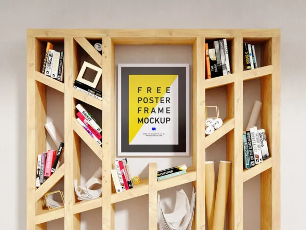 Realistic Poster Mockup Between a Bookshelf 1
