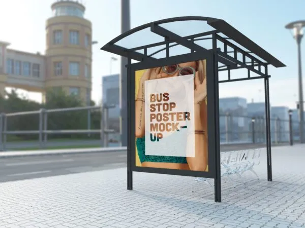 Realistic Vertical Bus Stop Poster Mockup with Metallic Frame 1