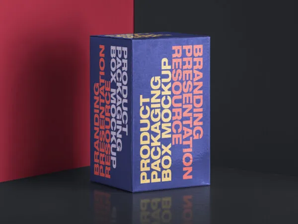 Rectangular Packaging Box Standing at the Corner of Wall Mockup 1