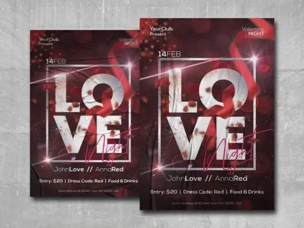 Red 3D Valentines Day Night Party Flyer Template 1
