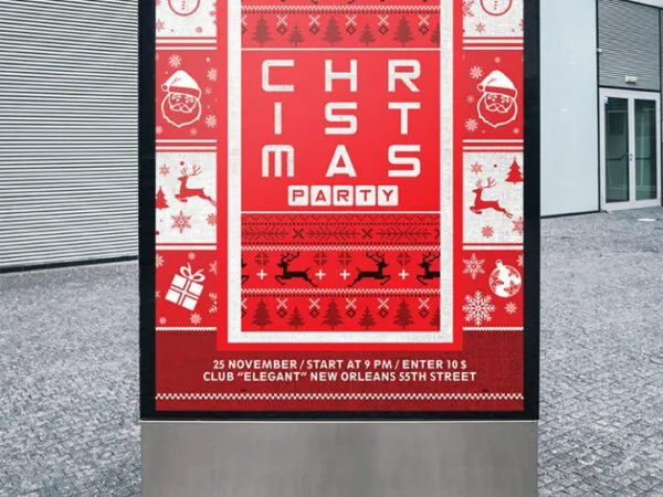 Red Border Thematic Illustrated Christmas Party Poster Template 1
