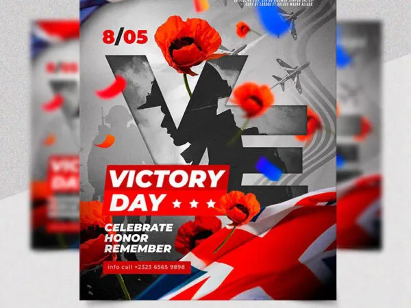 Red Floral Army Victory Day in Europe Flyer Template 1
