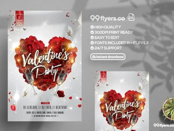 Red Petals Classy Valentines Day Party Flyer Template 1