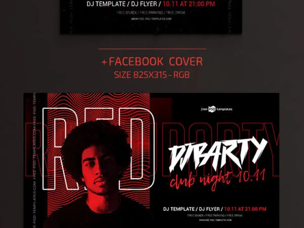 Red and Black DJ Flyer Along with Facebook Cover Template 1