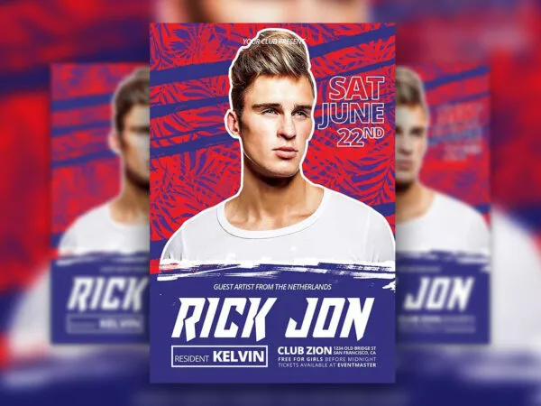 Red and Blue Tropical DJ Music Event Flyer Template 1