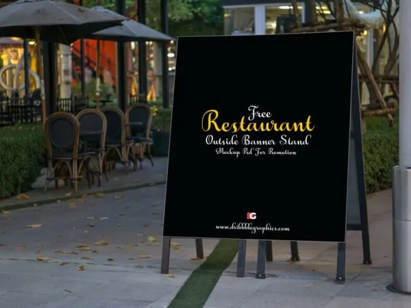 Restaurant Banner Stand in Outdoor Setting Mockup 1
