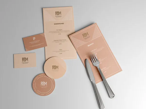 Restaurant Branding Mockup with 2 Menus Business Cards and Coasters 1