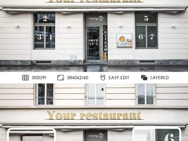 Restaurant Cafe Facade Mockup Featuring Horizontal Signage on the Wall 1
