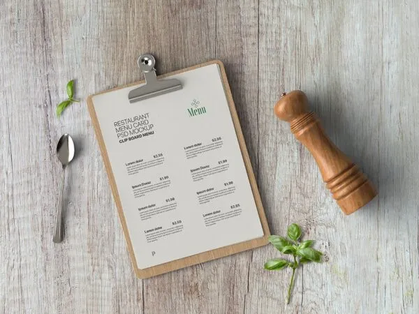 Restaurant Menu Card Mockup Displaying on a Clipboard 1