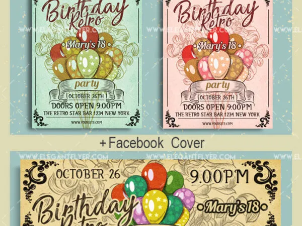 Retro Birthday Party Flyer and Facebook Cover Template 1