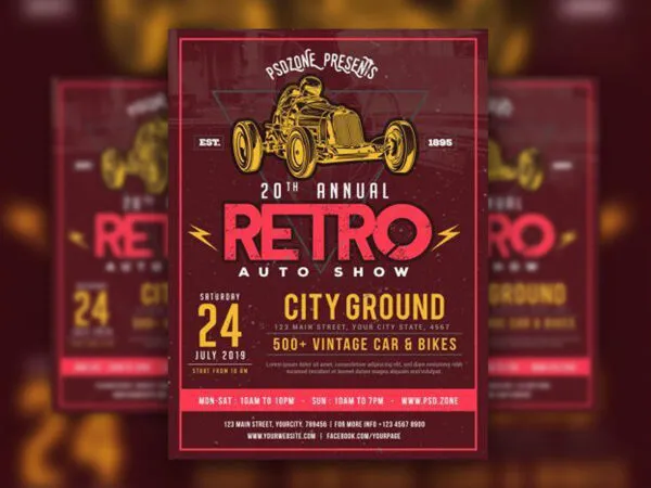Retro Illustrated Classic Car Show Flyer Template 1