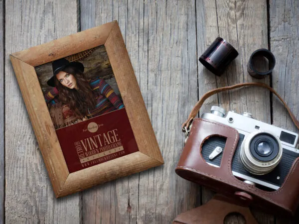 Retro Vintage Wooden Photo Frame Laying on Wooden Floor Mockup 1