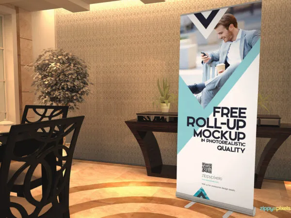 Roll Up Banner Placed in a Restaurant Mockup 1
