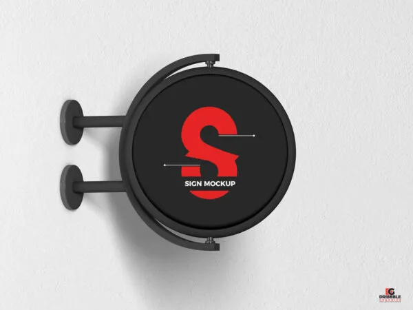 Round Signage Put up on the Wall in Half Side View Mockup 1