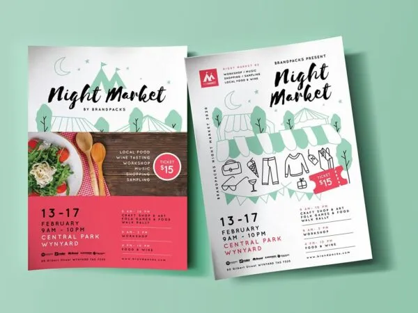 Rustic Illustrated Double Sided Night Market Poster Template 1