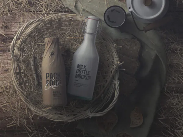 Rustic Milk Bottle Scene Creator Mockup Featuring Overhead View 1